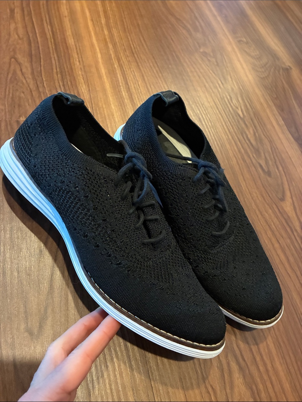 Cole Haan Black Knit Lace-Up Flats with White Sole